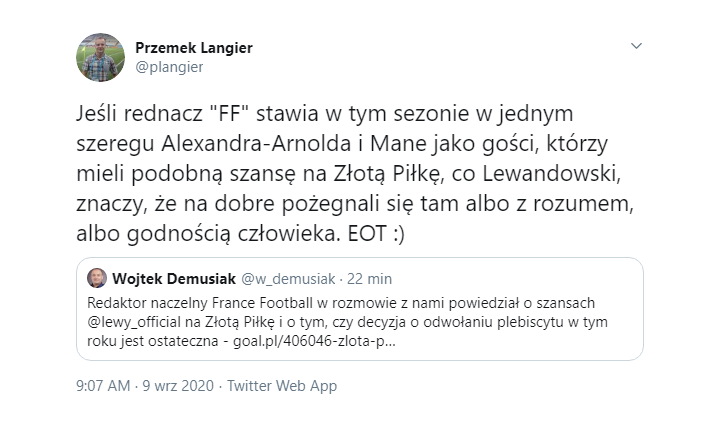 Redaktor naczelny ''France Football'' nt. SZANS Mane, Alexandra-Arnolda i Lewego na Złotą Piłkę xD